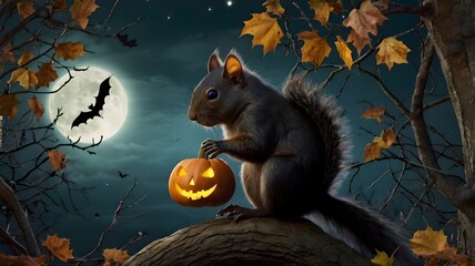 Fototapeta premium Ai generative, hallowen, black squirrel on tree branch halloween night