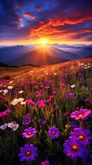 Meadow of spring flowers sun landscape mountain.