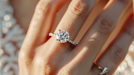 Close up of an elegant engagement diamond ring on woman finger. love and wedding concept. Diamond ring on young lady's hand on dark background. High quality photo