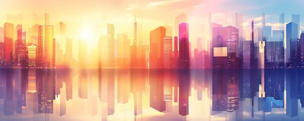 Beautiful sunrise over a modern city skyline with sunlight reflecting on the water, creating a dreamy and vibrant urban scene.