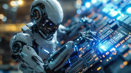 Fototapeta premium A humanoid robot works on a futuristic control panel, illuminated by blue lights.
