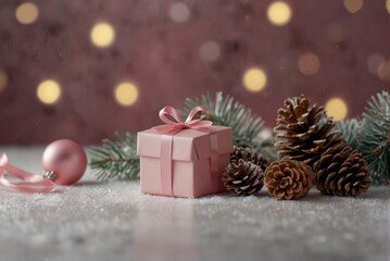 Fototapeta premium Christmas pink background, gift table, bokeh lights, copy space.