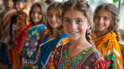 Fototapeta premium Indian girls in traditional clothes smiling and looking at the camera in a school corridor