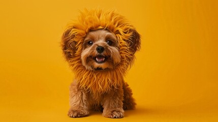A small, brown dog wearing a lion costume, sits on a yellow background. It's looking directly at the camera with a happy expression.