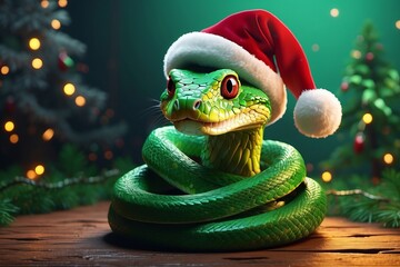 Green wooden snake, Christmas hat, Christmas tree, fireplace, bokeh template symbol new year.