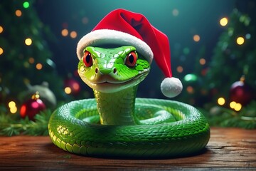 Green wooden snake, Christmas hat, Christmas tree, fireplace, bokeh template symbol new year.