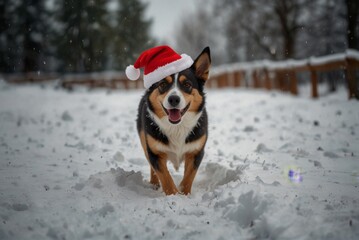 Christmas card, dog New Year hat, snow, forest bokeh, copy space.