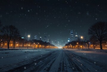 Night winter city bokeh, concept christmas snow holiday.
