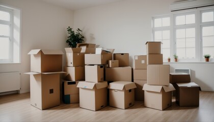 Moving Day Wide-Angle View of Stacked Cardboard Boxes in Empty Room