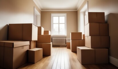 Moving Day Wide-Angle View of Stacked Cardboard Boxes in Empty Room