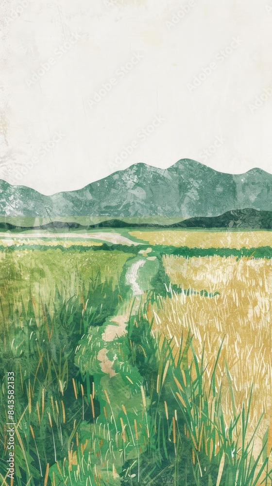 Sticker Illustration of rice field landscape grassland outdoors.