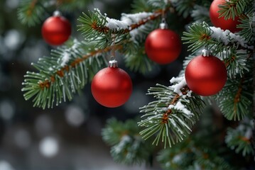 Christmas tree and red balls, bokeh lights, template, Christmas card.