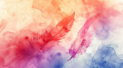 Fototapeta premium Colorful feathers on abstract watercolor background, close-up.