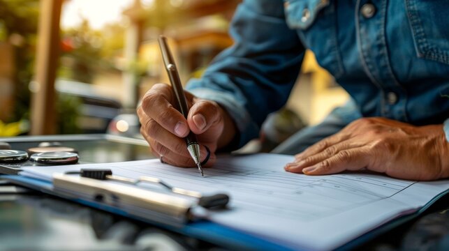 Close-up of a person's hand writing on a clipboard with a pen,  focused on the hand and pen.