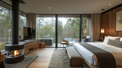 Interior of a modern bedroom with a large bed and a fireplace