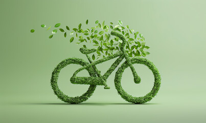 Bicycle Made of Leaves Flying on Light Green Background (generative AI)