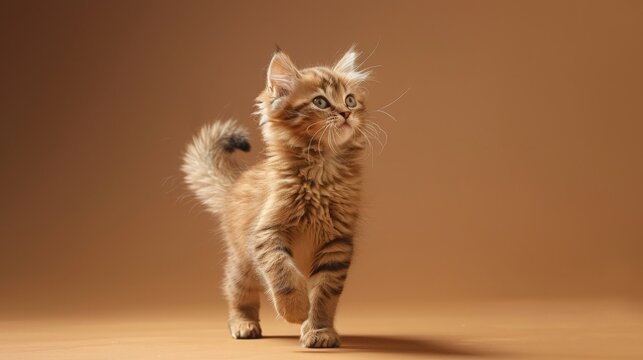 Cute fluffy ginger kitten standing on a brown background, looking up with a playful expression.