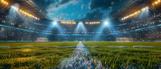 Empty soccer field with spotlights. Ready for the big game.