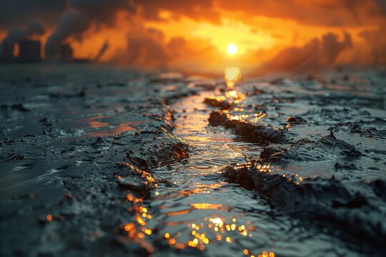 A close-up shot of coastal mudflats at sunset, reflecting the golden light. The rising sea levels are evident in the receding shoreline
