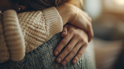 Tender Touch of Comfort - Close-up of a Gentle Hand Resting on Shoulder with Emphasis on Emotional Connection and Supportive Gesture