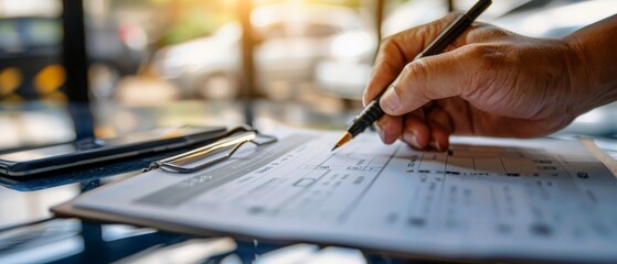 Hand filling out a form with a pen.