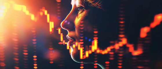 Profile of a person with financial market charts overlay, symbolizing data analysis, trading, and investment strategies.