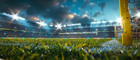 Low angle view of a football field with stadium lights and cloudy sky.