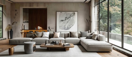 Modern living room with sectional sofa, wood coffee table and large window.