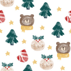 Watercolor Christmas seamless pattern with pine trees, teddy bears, candy stick