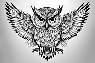 Obraz premium In the Whispering Night: A Majestic Owl Perched Amidst Enigmatic Shadows - An Exquisite Tattoo Artistry Celebrating Nature's Mystic Grace