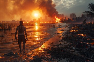 Fototapeta premium A person walks through the ruins of a coastal city engulfed in flames as the sun sets in the distance
