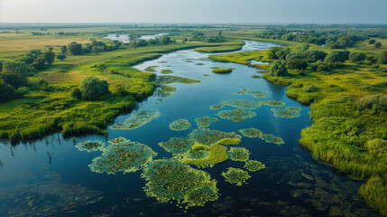 Fototapeta premium Aerial view of a scenic wetland landscape with water lilies, lush greenery, and winding waterways under a clear sky.