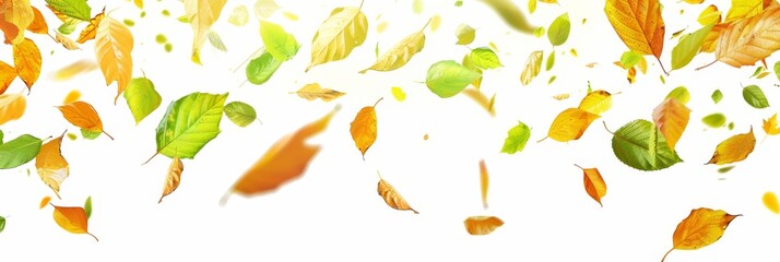 Floating autumn leaves on a white background - A vibrant array of autumn leaves in mid-fall against a clean white backdrop