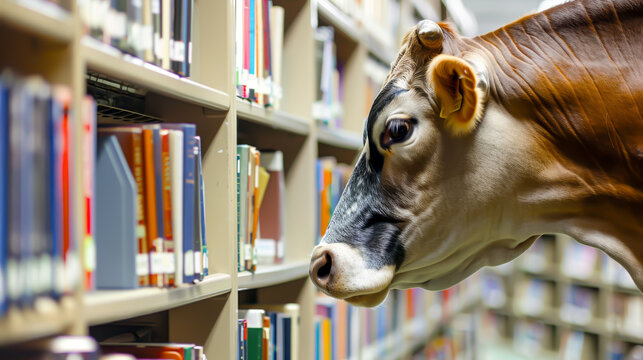 A cow is looking at a library full of books. The cow is looking at the books as if it is curious about them. The scene is playful and whimsical, as it is not common to see a cow in a library