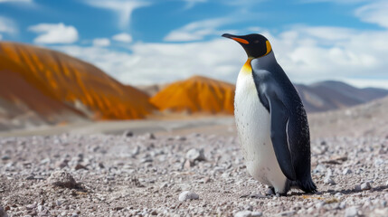 A penguin stands on a rocky beach in front of a mountain. The scene is serene and peaceful, with the penguin being the only living creature in the area - Powered by Adobe