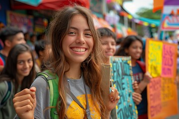 Fototapeta premium A young woman smiles and holds a sign during a Fridays For Future demonstration