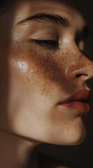 close up portrait of a woman with freckles on her face