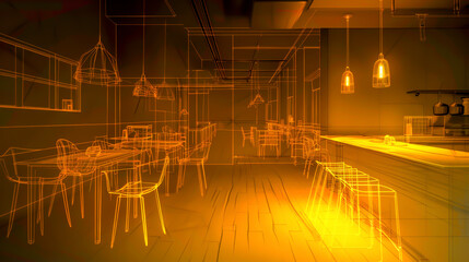 A restaurant interior with a yellow light and a lot of chairs. The chairs are arranged in a way that they are facing the kitchen