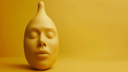 Yellow sculpture of a serene human face with closed eyes, set against a matching yellow background, creating a monochromatic and contemplative mood.