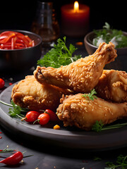 food photography style, fried chicken, plate, table, appetizing, professional, culinary, high-resolution, commercial, highly detailed. AI generated.