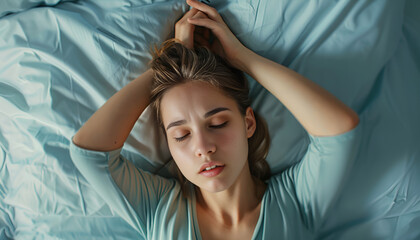 Fototapeta premium Young woman suffering from insomnia at home, above view. Bedtime