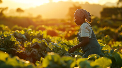 African woman farmer inspecting vegetables. Agriculture harvesting and plantation concept. Agriculture field and female farm worker. Successful ideas of a vegetable gardening business. Generative AI.