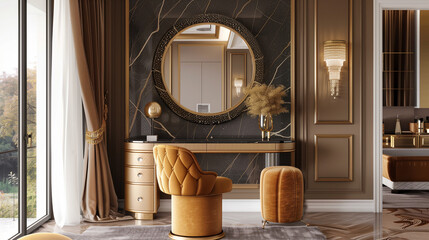 Inspired by the interior aesthetics of Dubai, this elegant dressing table in a modern style with a gold finish impresses with rich jewel tones and a luxurious look.