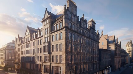 8k image of a heritage office building in Edinburgh, Scotland, integrating historical architecture with modern amenities