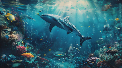 Fototapeta premium An underwater world full of life, where fish and aquatic plants create a harmonious ecosystem.