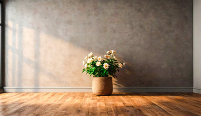 Gray empty wall and wooden brown floor with interesting with glare from the window.There is a flower pot placed.Interior background for the presentation.For displaying product.High quality photos