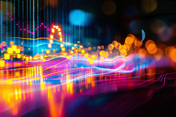 Fototapeta premium A colorful, abstract image of a cityscape with bright lights and a blurry background. Concept of movement and energy, as if the city is constantly in motion