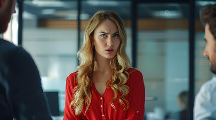 Obraz premium A beautiful young woman with long blonde hair wearing a red blouse is standing in an office and talking to an angry man 