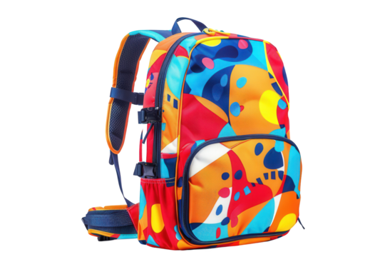 3D Rendering of Geometric Patterned Red, Blue, and Yellow Backpack with Black Straps and Handle on Black Background