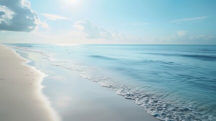 A peaceful beach with smooth, white sand and clear blue water.